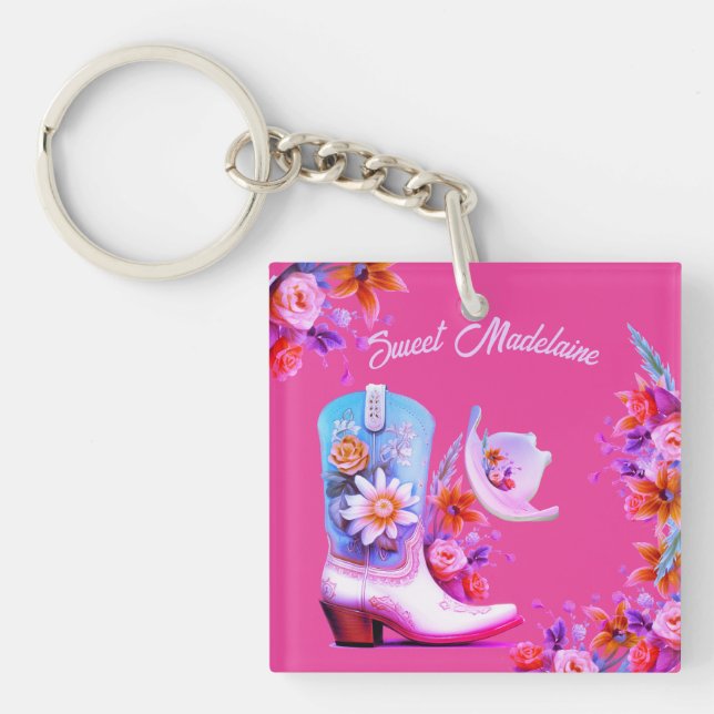 Sweet Sixteen 16th Cowgirl Floral Pink  Keychain (Front)