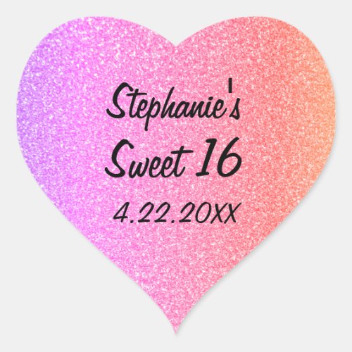 Sweet Sixteen 16th Glittery Pink Birthday Party Heart Sticker