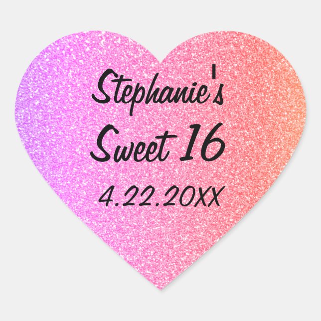 Sweet Sixteen 16th Glittery Pink Birthday Party Heart Sticker (Front)