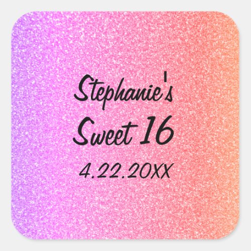 Sweet Sixteen 16th Glittery Pink Birthday Party Square Sticker