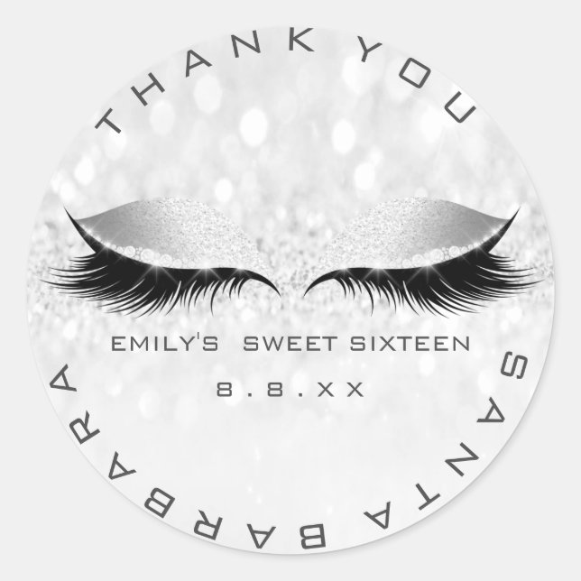 Sweet Sixteen 16th Gray Silver Lashes Glitter Eyes Classic Round Sticker (Front)