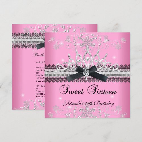 Sweet Sixteen 16th Pink Glitter Tiara Black Bow Custom Announcement
