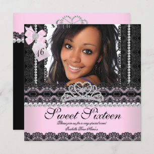 Sweet Sixteen 16th Pink Silver Photo Black Lace Invitation