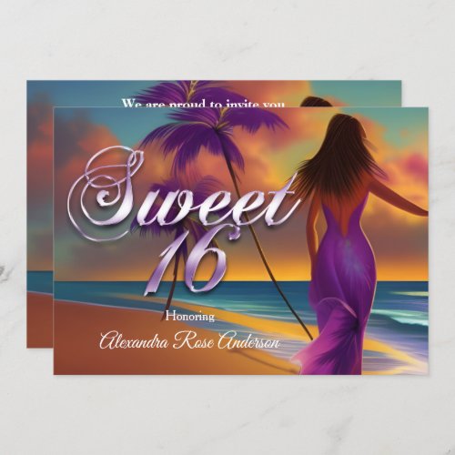 Sweet Sixteen 16th Purple girl Beach Ocean gold Invitation