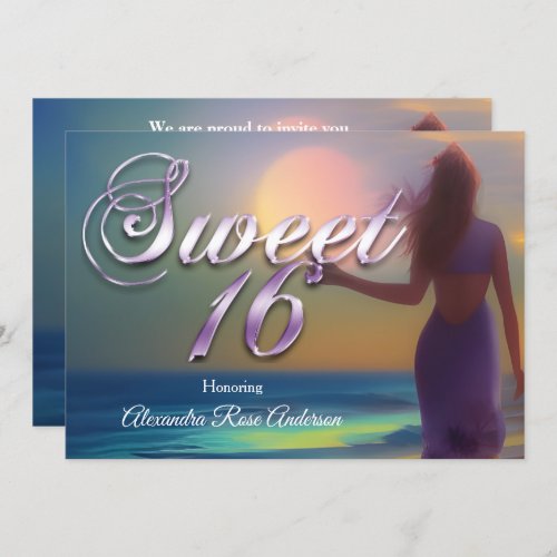 Sweet Sixteen 16th Purple girl on Beach Ocean blue Invitation