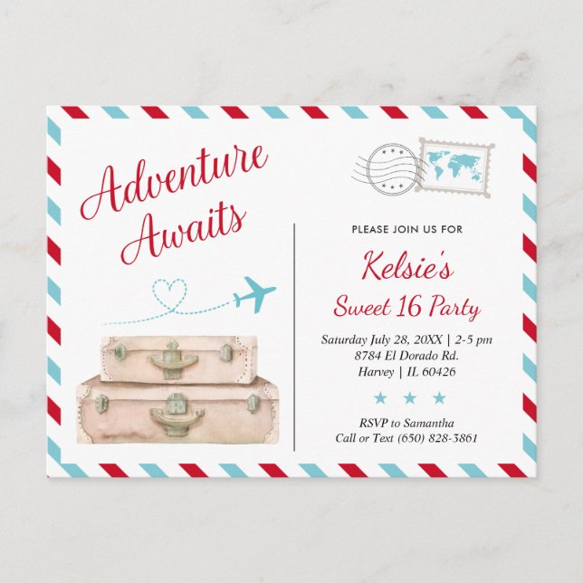 Sweet Sixteen Adventure Awaits Girl Travel Invite (Front)