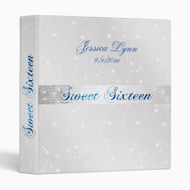 Sweet Sixteen Album, Blue Glitter, Silver Ribbon 3 Ring Binder (Front/Spine)