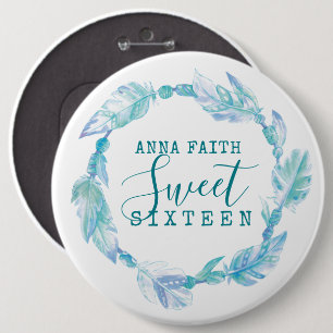 Sweet sixteen aqua feather beads watercolor button