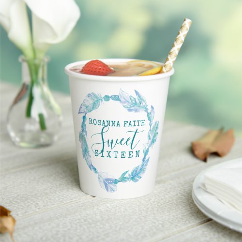Sweet sixteen aqua feather beads watercolor paper cups