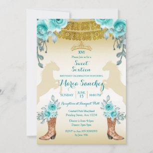 Sweet Sixteen Aqual Teal Turquoise Horse & Boots Invitation