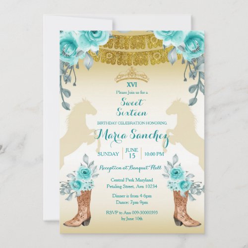 Sweet Sixteen Aqual Teal Turquoise Horse  Boots   Invitation