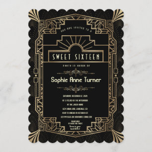 Sweet Sixteen   Art Deco Gold Great Gatsby 1920s Invitation