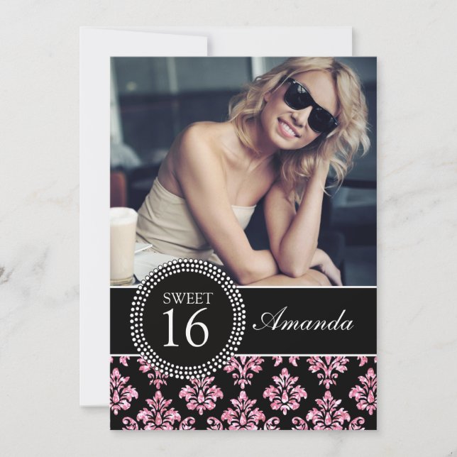 SWEET SIXTEEN, BABY PINK GLITTER,  BLACK DAMASK INVITATION (Front)