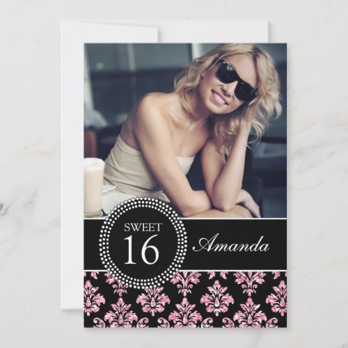 SWEET SIXTEEN, BABY PINK GLITTER,  BLACK DAMASK CUSTOM INVITATION