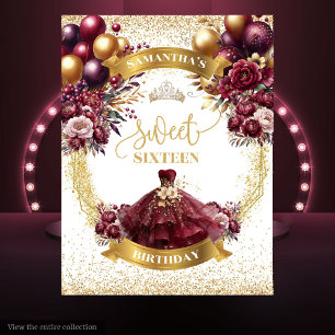 Sweet Sixteen Backdrop Burgundy Gold Balloons