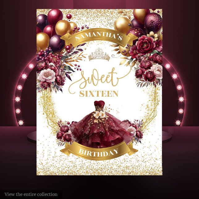 Sweet Sixteen Backdrop Burgundy Gold Balloons (Sweet Sixteen Backdrop Burgundy Gold Balloons)