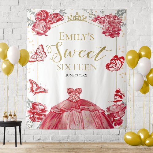 Sweet Sixteen Backdrop Butterfly Red Dress Floral