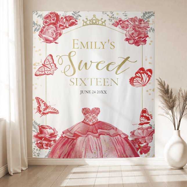 Sweet Sixteen Backdrop Butterfly Red Dress Floral (Creator Uploaded)