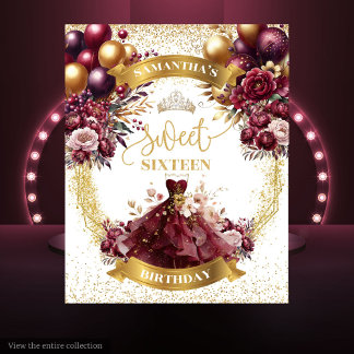 Sweet Sixteen Banner Burgundy Balloons Watercolor  Tapestry