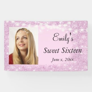 Sweet Sixteen, Bat Mitzvah,  Pink Glitter, Custom Banner