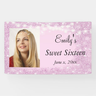 Sweet Sixteen, Bat Mitzvah, Pink Glitter, Custom Banner