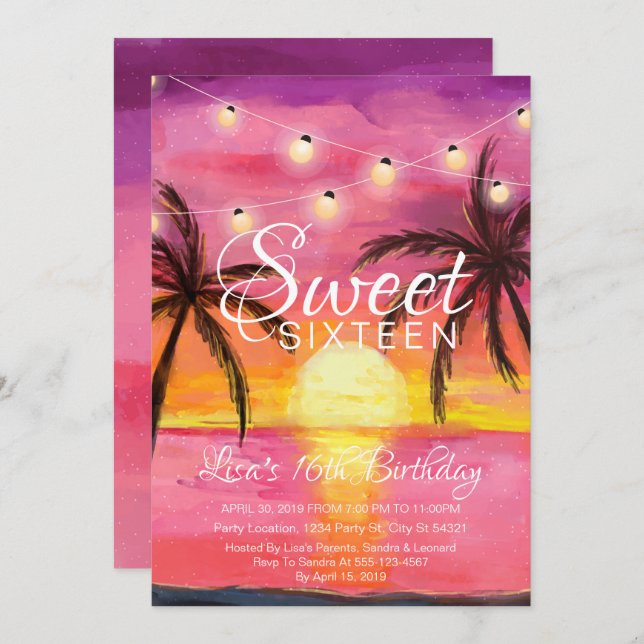 Sweet Sixteen, Beach Sunset Birthday Invitations (Front/Back)