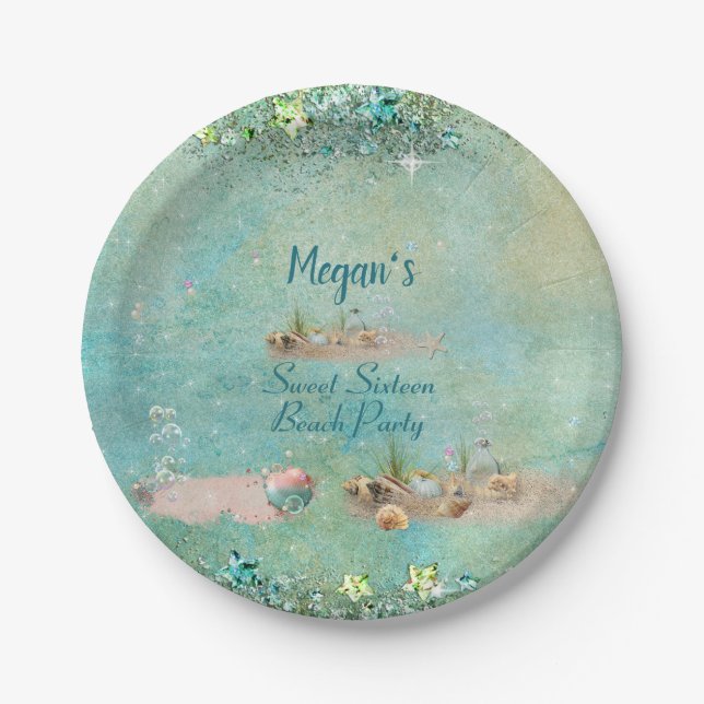 Sweet Sixteen Beach Tropical Seashells & Pearls Paper Plates (Front)