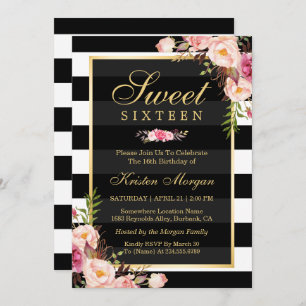 Sweet Sixteen Beautiful Floral Black White Stripes Invitation