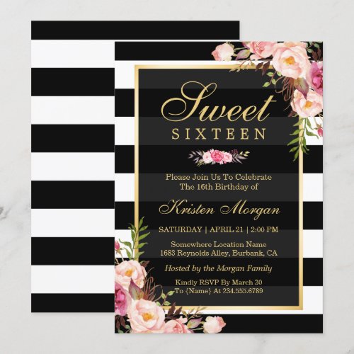 Sweet Sixteen Beautiful Floral Black White Stripes Card