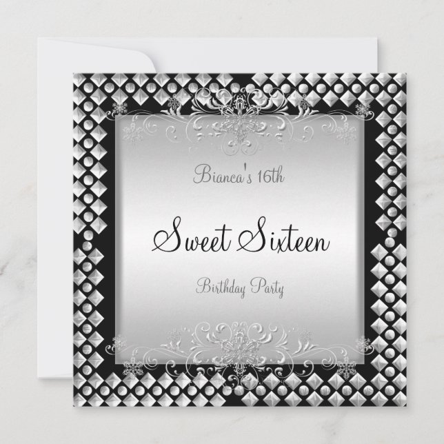 Sweet Sixteen Birthday 16 16th Silver Black Invitation (Front)