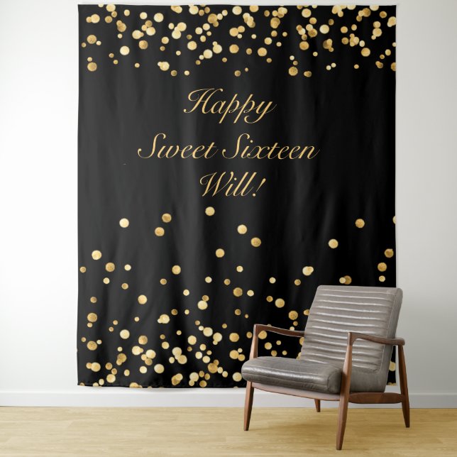 Sweet Sixteen Birthday Backdrop, Black And Gold (In Situ)