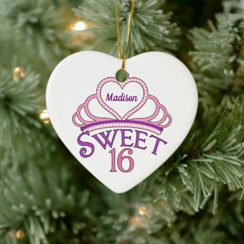 Sweet Sixteen Birthday Custom Pink Heart Christmas Ceramic Ornament
