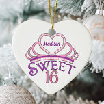 Sweet Sixteen Birthday Custom Pink Heart Christmas Ceramic Ornament<br><div class="desc">Personalized pretty sweet sixteen birthday gift Christmas ornament with a beautiful pink tiara topped with a cute purple heart and your teenage girl's name inside of it. Words Sweet 16 written in beautiful script for your girly teenager.</div>