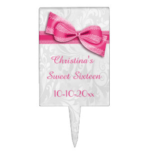 Sweet Sixteen Birthday Damask and Faux Bow Cake Topper