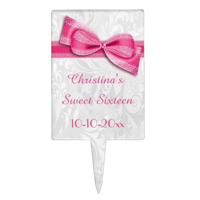 Sweet Sixteen Birthday Damask and Faux Bow Cake Topper (Front)