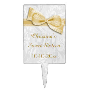 Sweet Sixteen Birthday Damask and Faux Bow Cake Topper