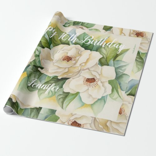 Sweet Sixteen Birthday Floral Magnolia Name Script Wrapping Paper
