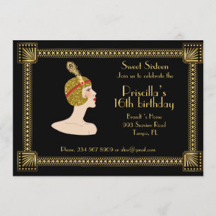Sweet Sixteen birthday, Gatsby style, black & gold Invitation