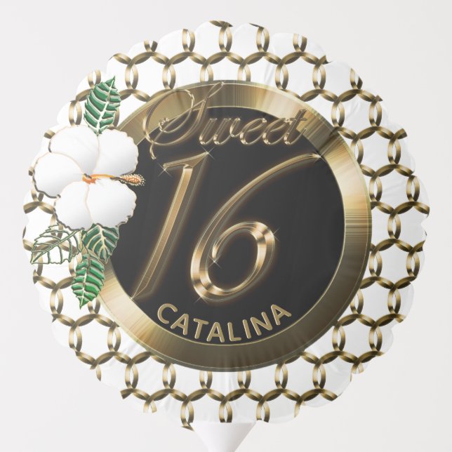 Sweet Sixteen Birthday Gold Faux Metallic Floral Balloon (Back)