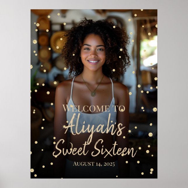 Sweet sixteen birthday gold glitter welcome sign (Front)