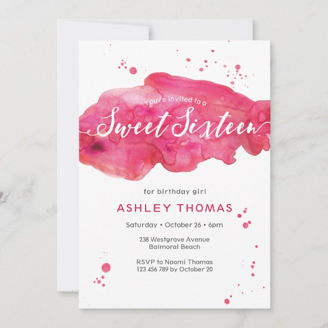 Sweet Sixteen birthday Invitation | pink splash (Front)