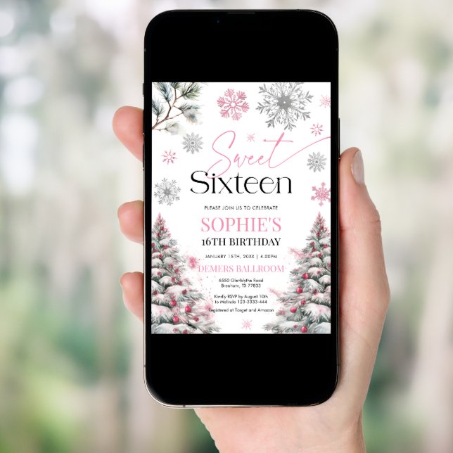 Sweet Sixteen Birthday Invitation, Winter Pink  Invitation (Front Digital)
