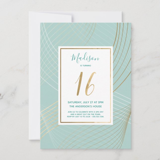 Sweet Sixteen Birthday Invite - Modern, Teal, Gold (Front)