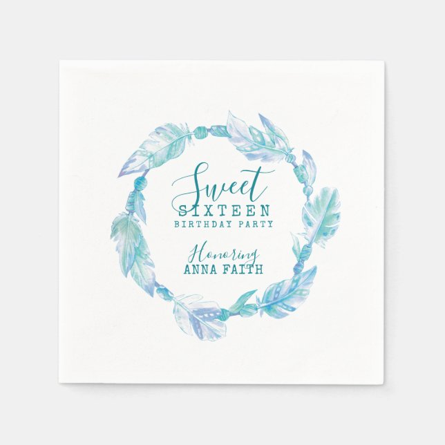 Sweet sixteen birthday party boho art aqua paper napkins (Front)