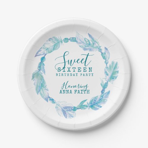 Sweet sixteen birthday party boho art aqua paper plates