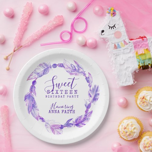 Sweet sixteen birthday party boho art purple paper plates