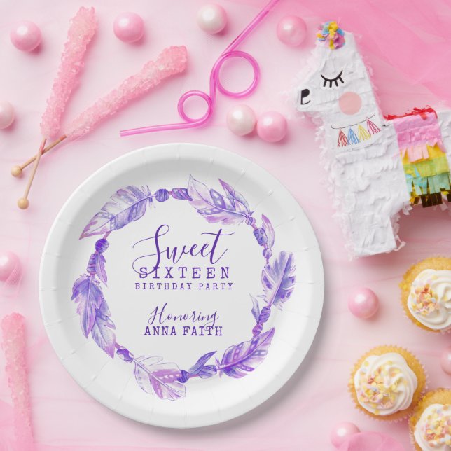 Sweet sixteen birthday party boho art purple paper plates (Party)