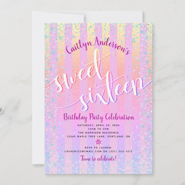 Sweet Sixteen Birthday Pink Purple Ombre Stripes Invitation (Front)