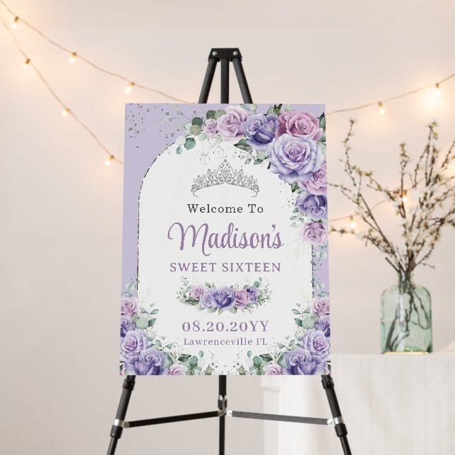 Sweet Sixteen Birthday Purple Lilac Floral Silver Foam Board (In Situ (Stand))