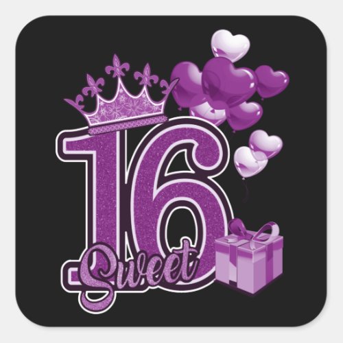 Sweet Sixteen Birthday Purple Square Sticker